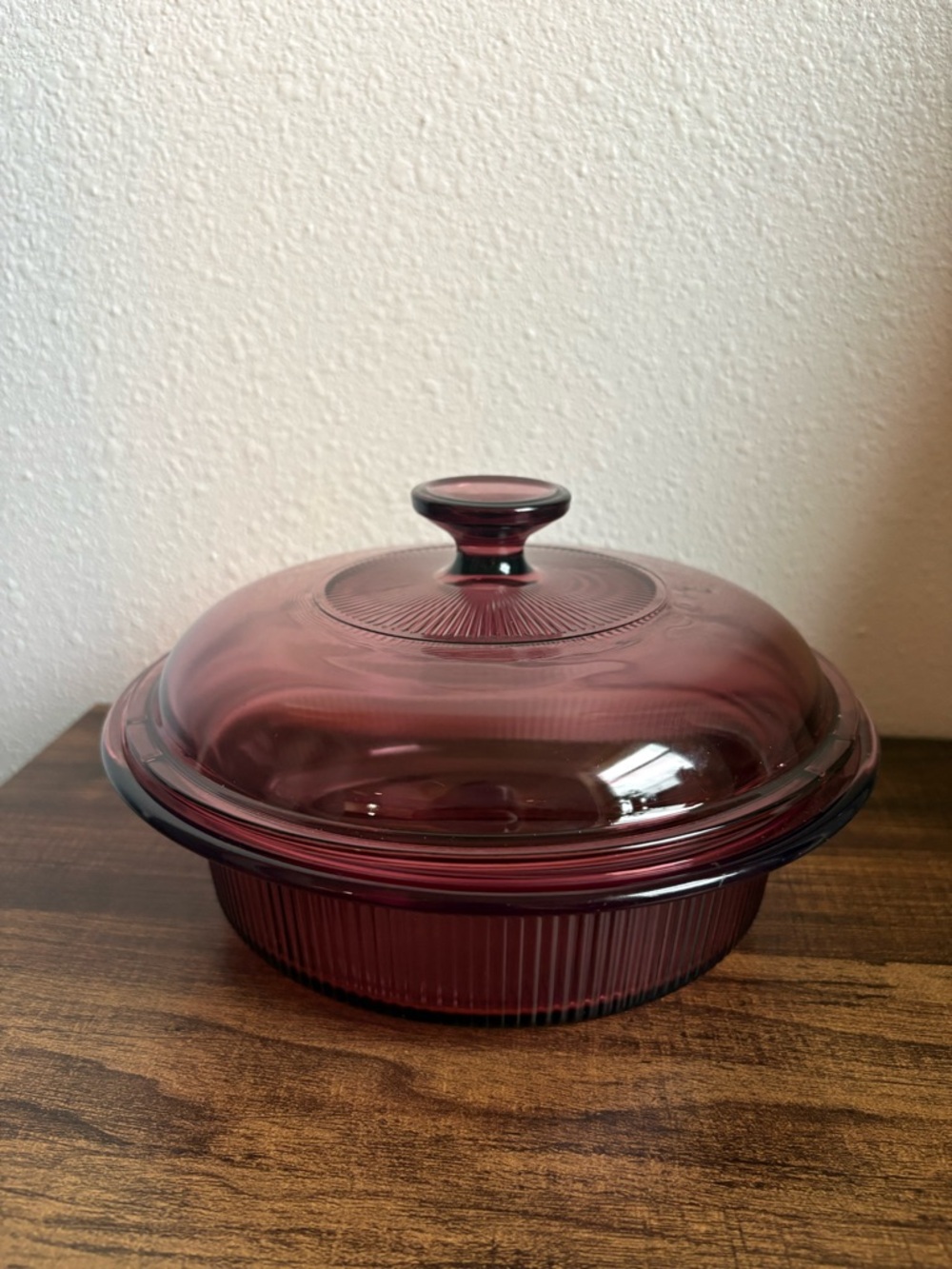 Vintage Pyrex Corningware Vision Round Cranberry Casserole Dish with Lid